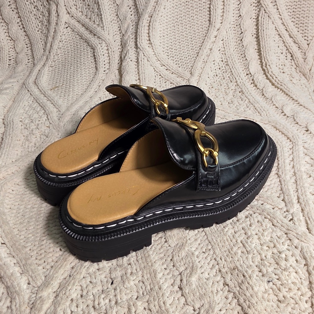 Circus by Sam Edelman Mules Chunky Loafer Black Gold Chain Platform Women 6 NEW - Picture 4 of 7
